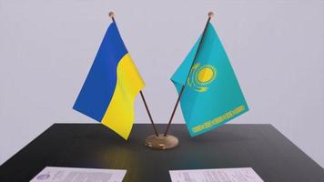 Ukraine and Kazakhstan flags on politics meeting animation video