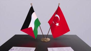 Palestine and Turkey flags at politics meeting. Business deal video