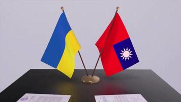 Ukraine and Taiwan flags on politics meeting animation video