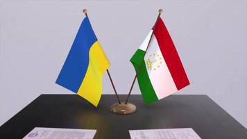 Ukraine and Tajikistan flags on politics meeting animation video