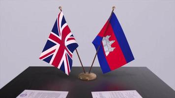 Cambodia and UK flag. Politics concept, partner deal between countries. Partnership agreement of governments video