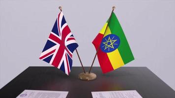 Ethiopia and UK flag. Politics concept, partner deal between countries. Partnership agreement of governments video
