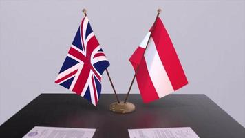 Austria and UK flag. Politics concept, partner deal between countries. Partnership agreement of governments video