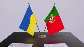 Ukraine and Portugal flags on politics meeting animation video