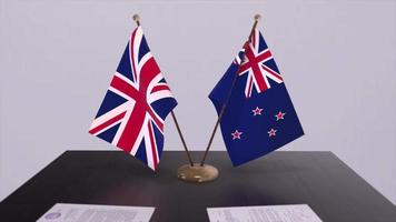 New Zealand and UK flag. Politics concept, partner deal between countries. Partnership agreement of governments video