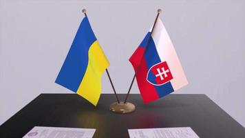 Ukraine and Slovakia flags on politics meeting animation video