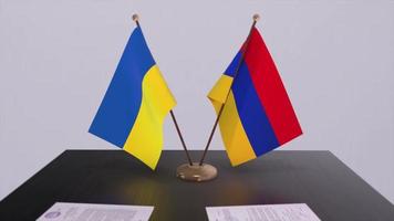 Ukraine and Armenia flags on politics meeting animation video