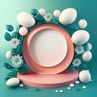digital 3d ilustración de un podio con huevos, flores, y hojas decoración para Pascua de Resurrección celebracion foto