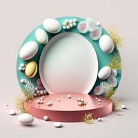 Illustration of a Podium with Easter Eggs, Flowers, and Greenery Decoration for Product Display photo