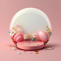 3D Pink Podium Decorated with Shiny Eggs and Flowers for Product Presentation Easter Holiday photo