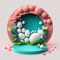 Digital 3D Illustration of a Podium with Easter Eggs, Flowers, and Leaves Ornaments for Product Display photo