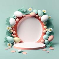 Digital 3D Illustration of a Podium with Eggs, Flowers, and Foliage Decoration photo