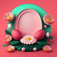 3D Pink Podium with Shiny Eggs and Flower Decoration for Product Display Easter Celebration photo