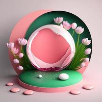 3D Illustration of a Podium with Easter Eggs, Flowers, and Leaves Decoration for Easter Celebration photo