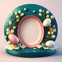 Digital 3D Illustration of a Podium with Eggs, Flowers, and Leaves Decoration photo