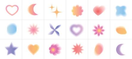 Abstract blurred gradients hearts and flowers set. Soft colored graphic elements collection.Y2k aesthetics aura. Vector isolated illustration