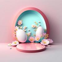 3D Pink Illustration Podium with Shiny Eggs and Flower Decoration for Product Display Easter Celebration photo