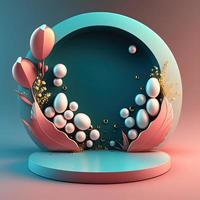 Digital 3D Illustration of a Podium with Easter Eggs, Flowers, and Leaves Ornaments for Product Display photo