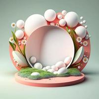 ilustración de un podio con huevos, flores, y follaje decoración para Pascua de Resurrección celebracion foto
