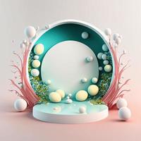 Digital 3D Illustration of a Podium with Easter Eggs, Flowers, and Greenery Decoration for Product Display photo