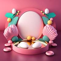 3D Pink Podium Decorated with Shiny Eggs and Flowers for Product Display Easter Day photo