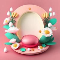 3D Pink Podium Decorated with Eggs and Flowers for Product Presentation Easter Holiday photo