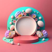 3D Pink Podium Decorated with Shiny Eggs and Flowers for Product Display Easter Holiday photo