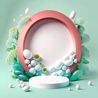 3D Illustration of a Podium with Eggs, Flowers, and Foliage Decoration photo