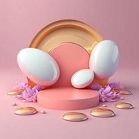 3d rosado ilustración podio decorado con huevos y flores para producto estar Pascua de Resurrección fiesta foto