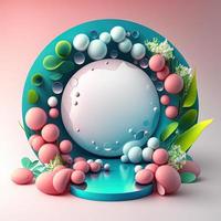 3D Illustration of a Podium with Easter Eggs, Flowers, and Leaves Decoration for Easter Celebration photo