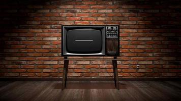 Retro Tv Receiver with Green Screen Standing on a Table, Brick Wall in Background video