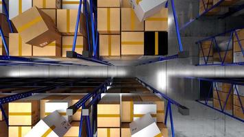 paquetes en estantes en almacén - logística, envío, concepto de almacenamiento. video