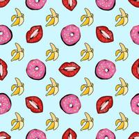Design for fabric. Pop art pattern.Vector seamless pattern with bananas and donuts on a blue background. vector