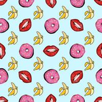 Design for fabric. Pop art pattern.Vector seamless pattern with bananas and donuts on a blue background. vector