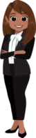 Flat icon with African American cute businesswoman cartoon character in office style smart black suit and crossed arms pose. png