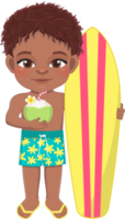 spiaggia nero ragazzo nel estate vacanza. americano africano bambini Tenere tavola da surf e Noce di cocco succo cartone animato personaggio design png