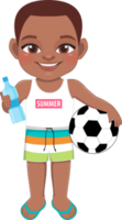 spiaggia nero ragazzo nel estate vacanza. africano americano bambini Tenere calcio e acqua bottiglia cartone animato personaggio design png