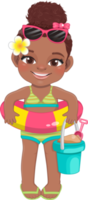 strand zwart meisje in zomer vakantie. Amerikaans Afrikaanse kinderen Holding rubber ring tekenfilm karakter ontwerp png