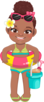 Beach black girl in summer holiday.  American African kids holding rubber ring cartoon character design png