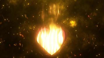 Abstract fiery burning in flame loving heart for valentine's day on the background of sparks. Video 4k, motion design