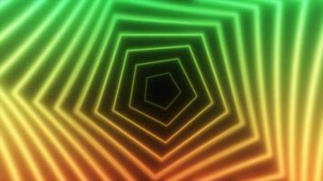 Abstract glowing neon pentagons swirling green and yellow lines energy futuristic high tech background. Video 4k