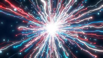 Abstract glowing energy explosion blue swirl fireworks from lines and magic particles of american flag color abstract background. Video 4k