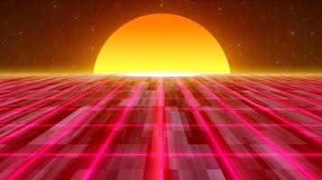 abstract rood gloeiend neon laser rooster retro futuristische hoog tech van jaren 80, 90s met energie lijnen Aan oppervlakte en horizon met zon, abstract achtergrond. video 4k, beweging ontwerp