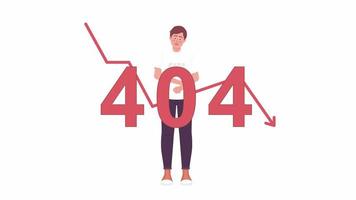 Animated 404 error stock investor. Prices falling. Stock market crash. 4K video footage. Concept animation. Looped 2D cartoon flat character on white with alpha channel transparency for web design