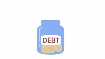 Animated paying off debt jar. Building savings for paying back bills. Flat cartoon style element 4K video footage. Color illustration on white background with alpha channel transparency for animation