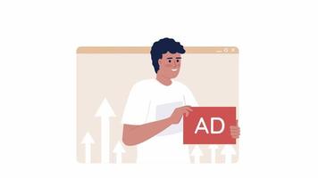 Animated advertising campaign. Launching products. Successful advertisement. 2D cartoon flat character 4K video footage on white with alpha channel transparency. Concept animation for web design
