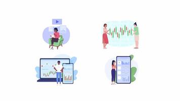 Animated investing for beginners set. Tracking stock prices. Concepts animation. Looped 2D cartoon flat characters on white with alpha channel transparency for web design. 4K video footage collection