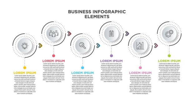 Business 6 step process chart infographics with step circles. Simple infographic design template. Flat vector illustration for presentation, report.