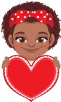 fofa pequeno americano africano menina segurando vermelho coração feliz crianças a comemorar namorados s dia desenho animado personagem Projeto png