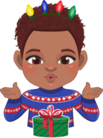 Merry Christmas cartoon design with Excite American African boy wear a blue and red sweater and gift box cartoon png